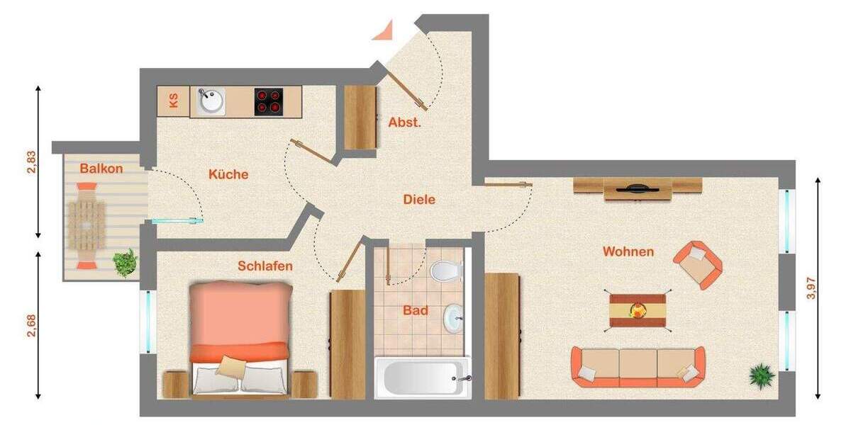 Etagenwohnung Chemnitz Sonnenberg - 2 Zimmer, 57 m&sup2;, 54.000&euro; | Angebot:25768409