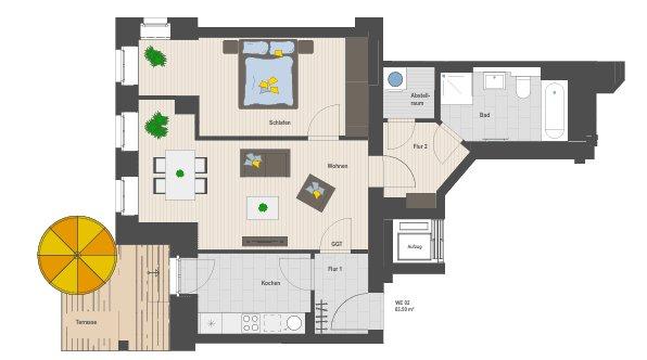 Erdgeschoßwohnung Chemnitz Hilbersdorf - 2 Zimmer, 63 m&sup2;, 480&euro; | Angebot:26247914