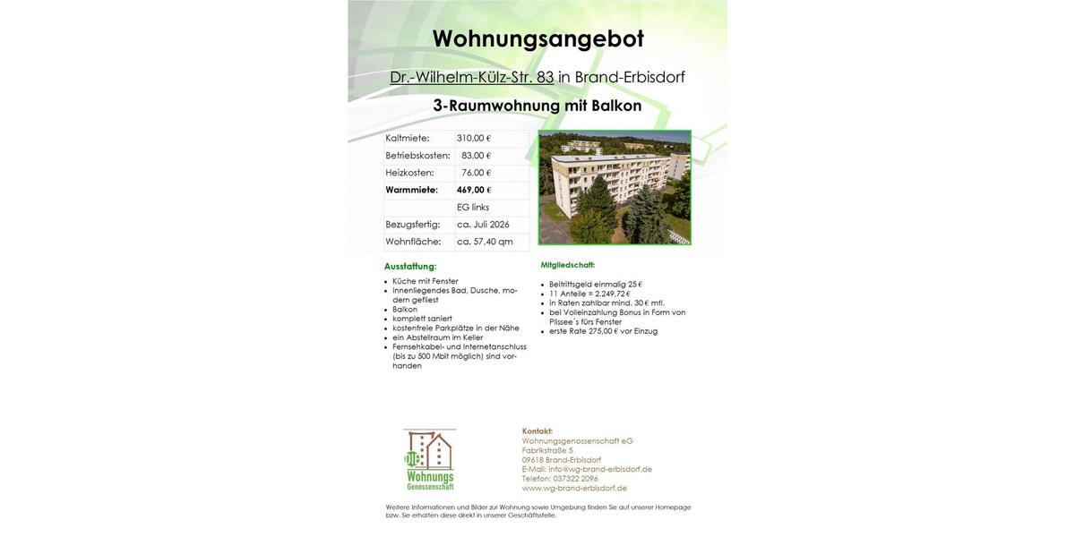 Erdgeschoßwohnung Brand-Erbisdorf Erbisdorf - 3 Zimmer, 57 m&sup2;, 310&euro; | Angebot:25962409