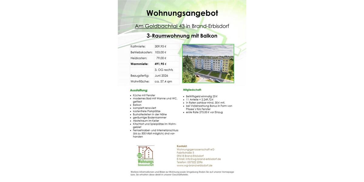Etagenwohnung Brand-Erbisdorf Erbisdorf - 3 Zimmer, 57 m&sup2;, 310&euro; | Angebot:25977805