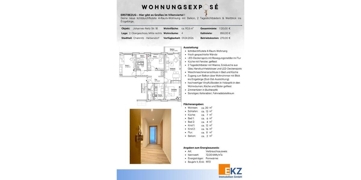 Etagenwohnung Chemnitz Helbersdorf - 4 Zimmer, 91 m&sup2;, 850&euro; | Angebot:25384416