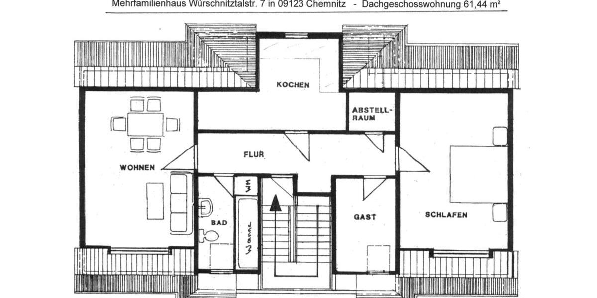 Dachgeschoßwohnung Chemnitz Klaffenbach - 2.5 Zimmer, 62 m&sup2;, 430&euro; | Angebot:26178185