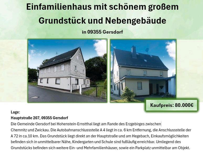 Einfamilienhaus Hohenstein-Ernstthal Ernstthal - 10 Zimmer, 116 m&sup2;, 80.000&euro; | Angebot:27151289