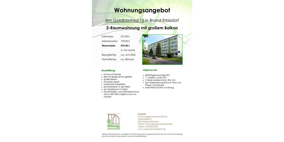 Etagenwohnung Brand-Erbisdorf Erbisdorf - 3 Zimmer, 59 m&sup2;, 277&euro; | Angebot:25988410