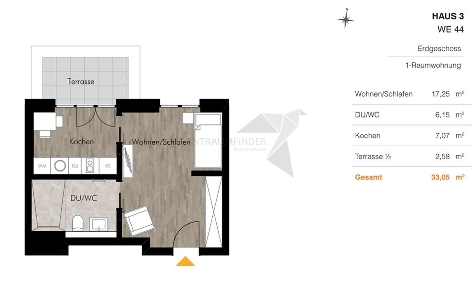 Erdgeschoßwohnung Chemnitz Rabenstein - 1 Zimmer, 33 m&sup2;, 413&euro; | Angebot:25351046
