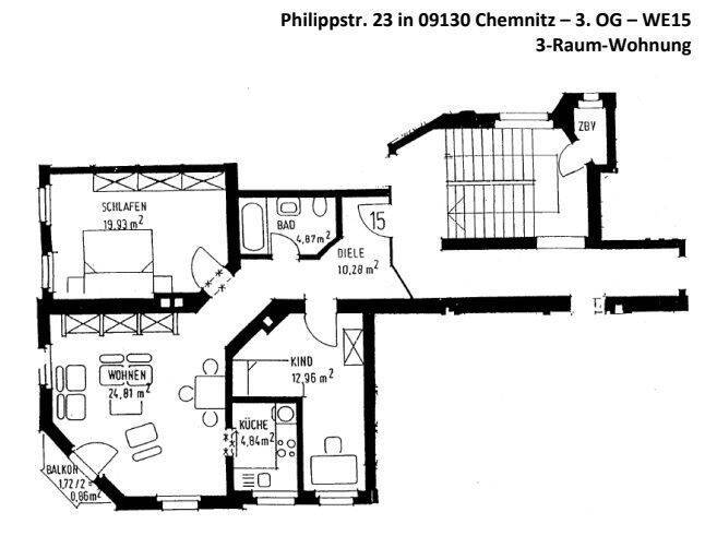 Etagenwohnung Chemnitz Sonnenberg - 3 Zimmer, 78 m&sup2;, 85.000&euro; | Angebot:26473200