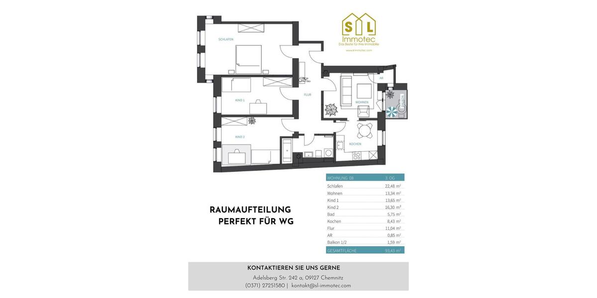 Etagenwohnung Chemnitz Hilbersdorf - 4 Zimmer, 93 m&sup2;, 750&euro; | Angebot:25919806